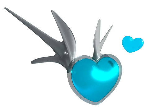 3D Blue Hearts Grey Wings, Aqua Design Y2K Frutiger Aero Nostalgia Jelly  Glossy Element