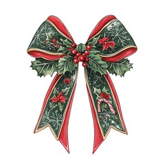 A festive Christmas bow adorned with holly and berries, perfect for holiday decorating and seasonal celebrations.