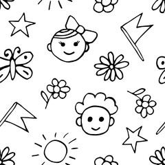 Simple children's vector seamless pattern. Black outline on a white background. Kids, flowers and butterflies, flags.