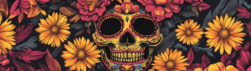 Naklejka premium Colorful skull design surrounded by vibrant flowers, perfect for Day of the Dead celebrations and artistic expressions.