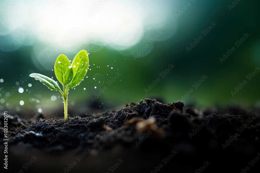 Sticker Photo of water drop on newly planted sprout, close up shoot.