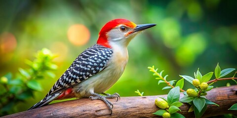 Fototapeta premium In a striking tilt-shift style, a colorful Red-bellied Woodpecker stands out, framed by an enchanting natural backdrop, revealing vibrant details in its charming environment.