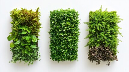Naklejka premium Three lush vertical green garden walls isolated on a clear white backdrop
