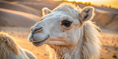 Fototapeta premium In macro photography, a unique white camel stands out against a sandy desert landscape, showcasing its beauty in this captivating and serene environment.