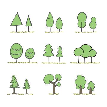 9 hand-drawn doodle tree icons set in flat color style vectors.