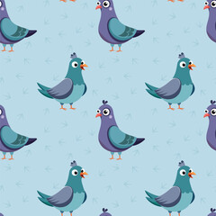 Vector seamless pattern with Cute Pigeons. Pigeon, dove concept. Cartoon urban gray blue dove in flat design style. Dove pattern, animal print perfect for kids textile.