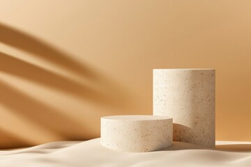 Stylish stone podiums with textured surfaces, showcasing elegance and simplicity against a warm background