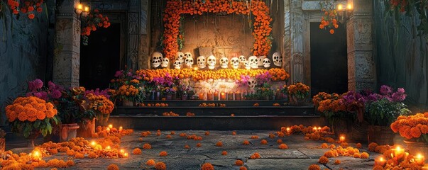 A vibrant altar adorned with marigolds and candles, celebrating tradition and honoring the deceased in a serene setting.