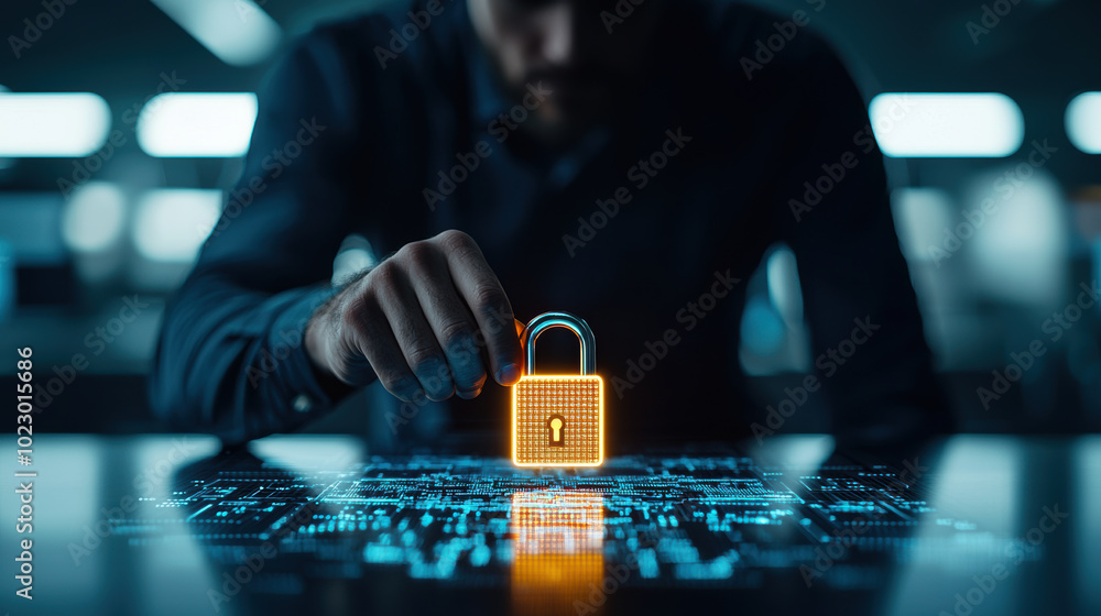 Poster a close-up of a hand unlocking a digital padlock on a futuristic screen, symbolizing security and te