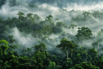 A dense forest with a thick fog covering the trees, generative ai image