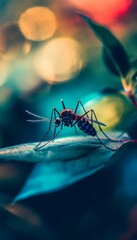 A Detailed View of a Mosquito Resting on a Leaf in a Tropical Forest, Highlighting Its Crucial Role in Virus Transmission, with a Shallow Depth of Field Creating a Dramatic Effect.