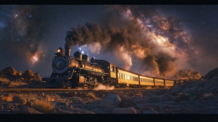A steam train moves steadily across a rugged desert landscape while clouds of steam billow into the starry night sky, highlighting the contrast of industrial power and nature's beauty