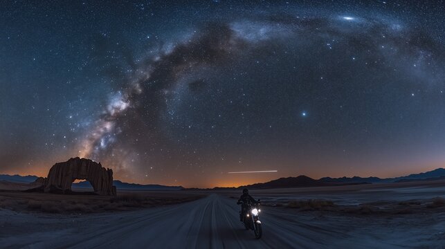 A motorbike navigates a lonely desert road, illuminated by starlight and the impressive Milky Way, highlighting the thrill of nighttime exploration in nature