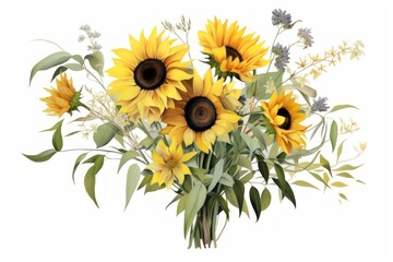 Obraz premium Botanical illustration sunflower bouquet plant inflorescence asteraceae.