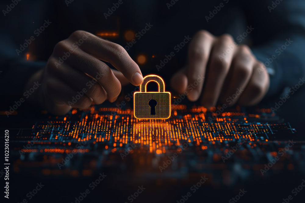 Poster a close-up of hands manipulating a digital lock icon, representing cybersecurity and data protection