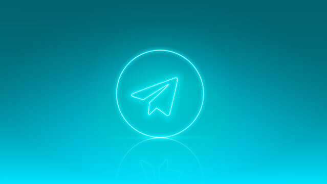Telegram neon sign. Glowing paper plane on blue background. Vector illustration