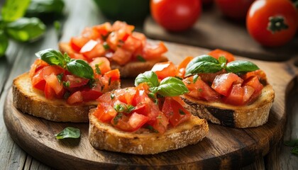 Delicious bruschetta topped with fresh tomatoes and basil served at a rustic wooden table