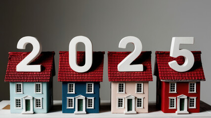 Merry Christmas and New year concept. Numbers 2025 on small toy model houses. Miniature toy house models. AI generated