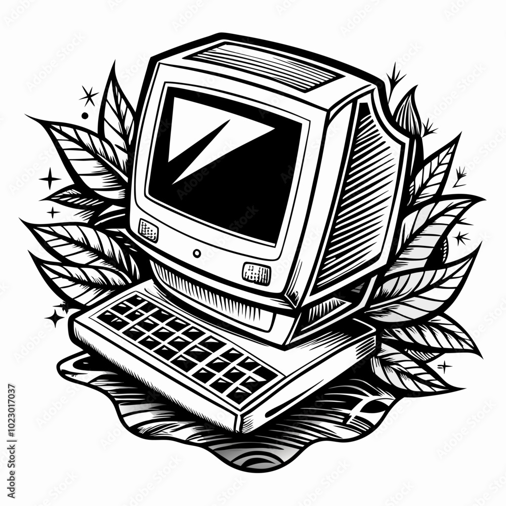 Poster vintage computer with botanical elements in retro style vector illustration