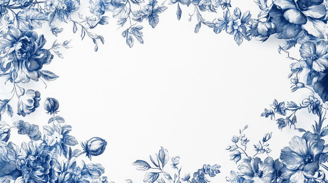 Aesthetic invitation template on tender toile de jouy vintage floral pattern in blue and white, top view. Generative AI