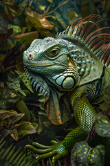 Emerald Iguana Nestling in its Lush Green Habitat: A Portrait of Grace and Resilience