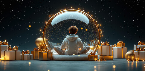 Young boy sitting inside a giant snow globe surrounded by christmas presents, with falling snow and glowing lights creating a magical atmosphere