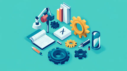The concept of engineer education, gears and cogs composition isometric 3D vector illustration, studying science at university, and learning engineering.