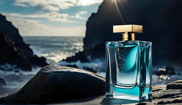 Luxury perfume bottle against the backdrop of coastal sea cliffs and surf - generative AI