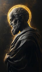 Stone sculpture with halo, dark background.
