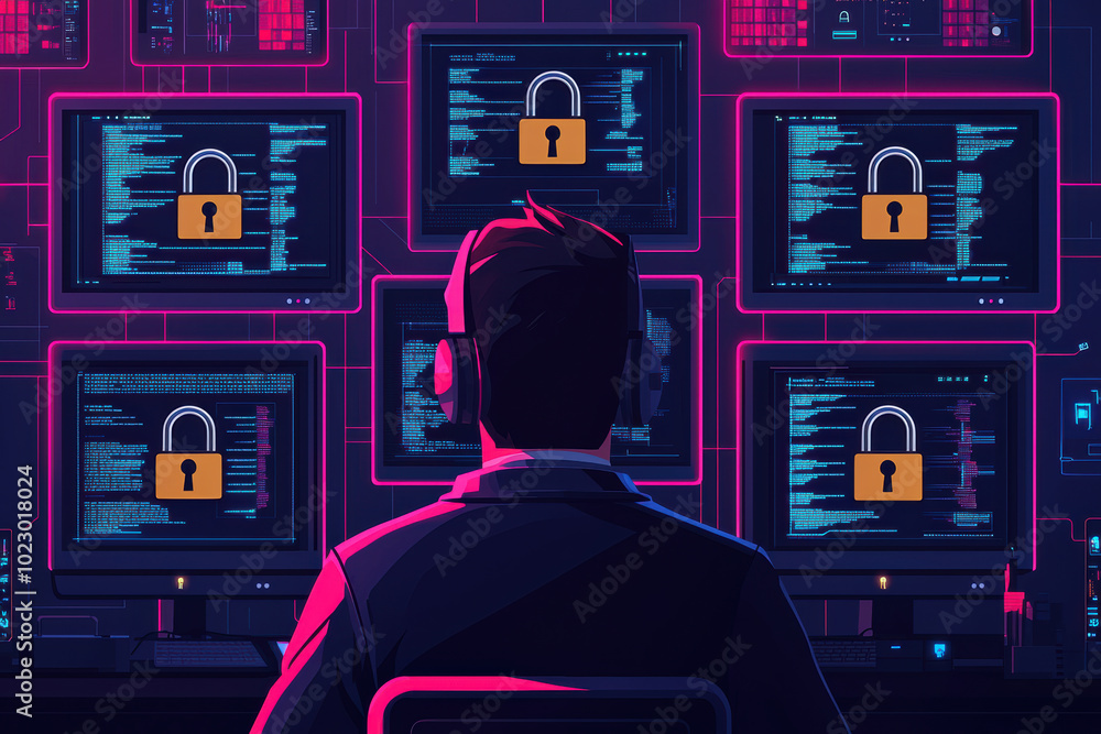 Poster a cyber security expert monitors multiple screens with privacy locks, ensuring data protection in a 