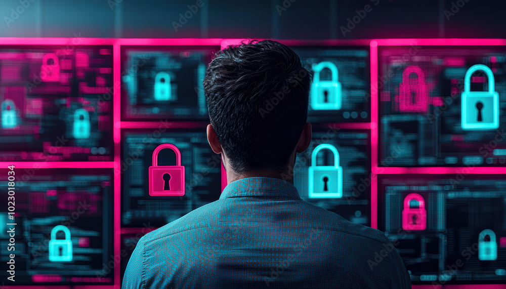 Poster a cybersecurity specialist analyzes data on multiple screens displaying security locks, representing