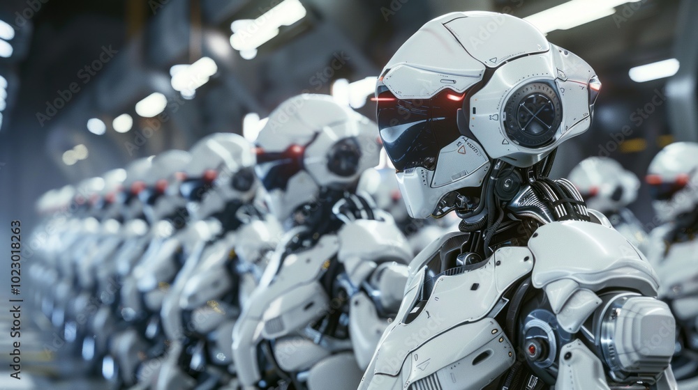 Poster A group of robots are lined up in a factory