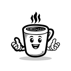 Cheerful cartoon coffee cup character with steam rising, waving and inviting, perfect for beverage branding or morning motivation