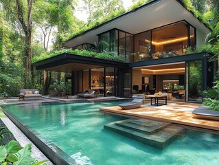contemporary tropical villa featuring modern architecture and a luxurious pool area, surrounded by lush greenery, embodying relaxation and stylish living