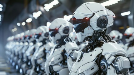 Fototapeta premium A group of robots are lined up in a factory