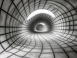 A spiral shaped room with a white ceiling and black walls. The room is empty and has a very minimalistic feel to it