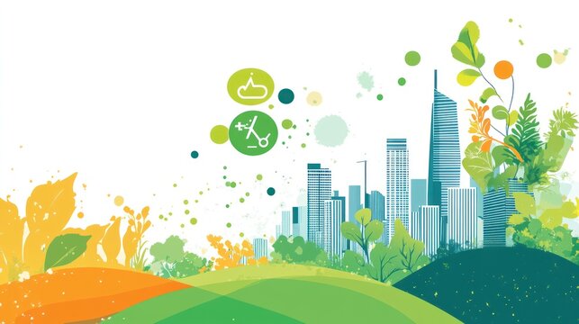 A vibrant cityscape blending nature and urban elements, highlighting environmental themes.