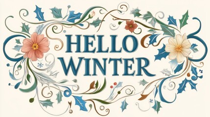 Obraz premium Hello Winter Floral Greeting Design with Elegant Typography