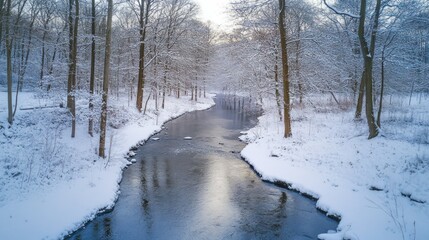 A River Winding Through a Snowy Forest