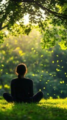A person meditating in nature under lush green trees with sunlight filtering through.