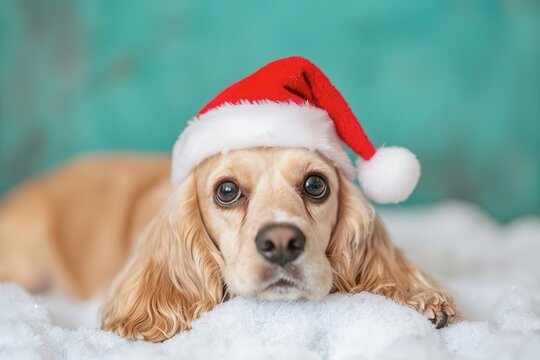 Cocker Spaniel dog wearing a Christmas hat, laying on snow background.
