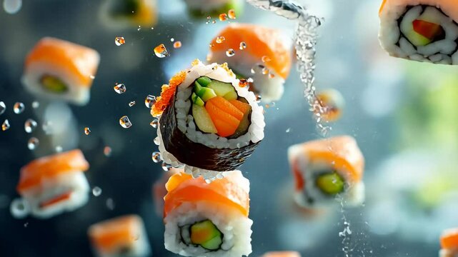 A close up of a sushi roll with a piece of avocado in the middle