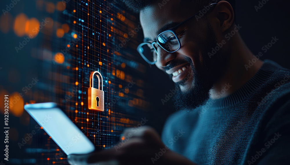 Poster a man engaged with a mobile device, symbolizing digital security and technology, against a futuristi