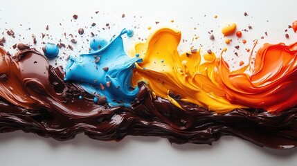 brightly colored chocolate paint bursts and explodes across a white background creating a stunning visual festival of flavor and joyous indulgence