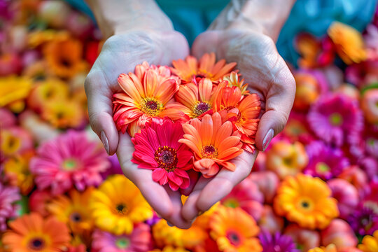Woman holding orange and pink gerbera daisies celebrating world kindness day - Powered by Adobe