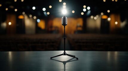 A vintage-style microphone on a tripod stand under a spotlight in an empty, dimly lit auditorium with blurred seats and background lights.