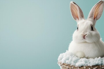 Obraz premium Cute white rabbit sitting in a nest with soft fluff, pastel background.