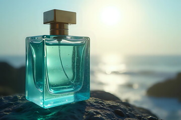 A luxurious bottle of perfume against the backdrop of a serene sea and sea cliffs - generative AI
