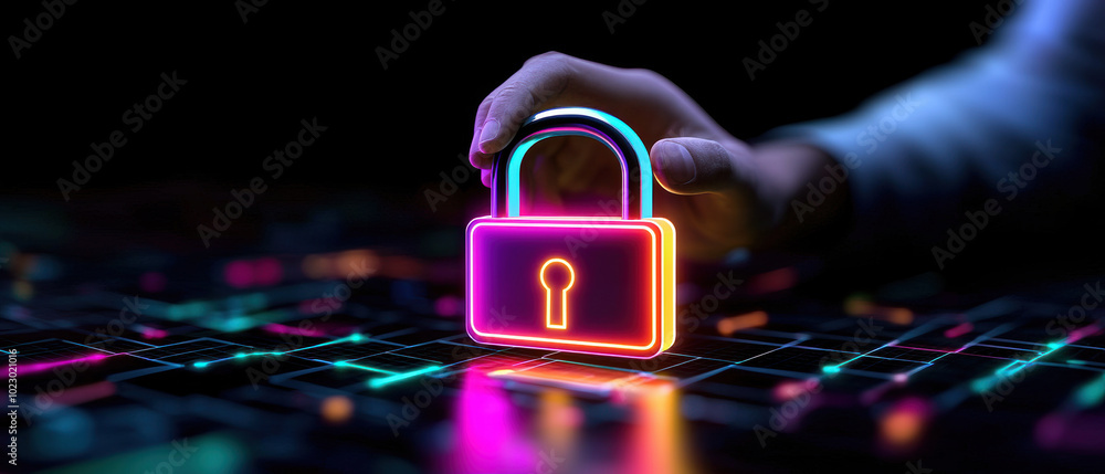Poster a neon padlock symbolizing security and encryption in a digital environment, showcasing modern techn