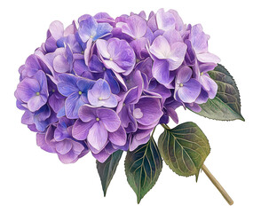 Beautifully rendered purple hydrangea, alone on a white background.